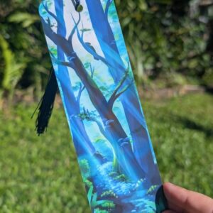 a green blue forest. You look down a parth lit by glowing rays of sunlight. looking up the trees there is a shadow of a bird. along the trees trunks there are shelf mushrooms and leaves.