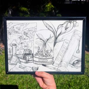 A desk with potion botttals, a map, insects to studdy, old books, elvish langwige, and a plant in the badkground.