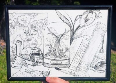 A desk with potion botttals, a map, insects to studdy, old books, elvish langwige, and a plant in the badkground.