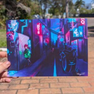 A cyber punk city scape with hollowgrams, futeristic moterbikes, and a girl walking into a store. A cat sleaps on a aircon vent.