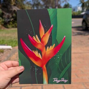 A vibrant ilistration of a red heliconia against a leafy background.