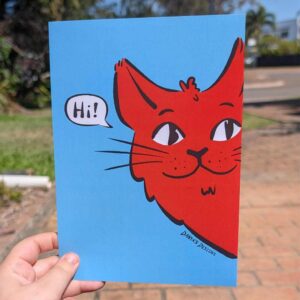A oringe cat in a popart style peeking its head around saying hi! Blule background.