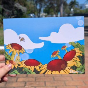 Sunflower feeld close up raped around looking up at a blue sky with swooshing clouds. Bee in the sky and lady bird on the sunflower pettal. Digital artwork, no ai used.