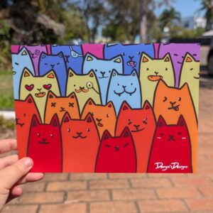 Pop art style cats covering the page. each cat has a diffrent expretion or querk. the cats form a rainbow.