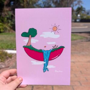 A pink bath floating in a dull pink sky. The bath on top has a tree and grass with a lake pooring out and a fish jumpping. asun is in the sky.