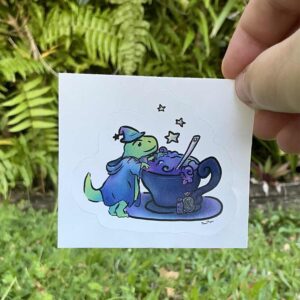 Dino wizard making a potion in a tea cup