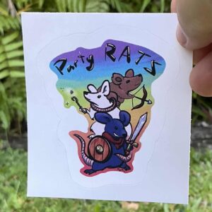 Sticker of 3 tats stacked on top of each other bottom a fighter with a sword and sheald, next a wizard, next a archer. all on a rainbow background with the words party ratz above the rats.