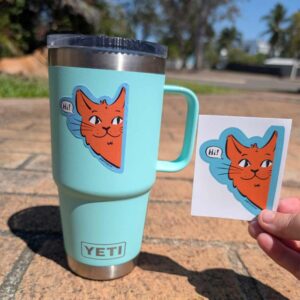 Hi Cat sticker on ywaterbottal with sticker being held up next to it.