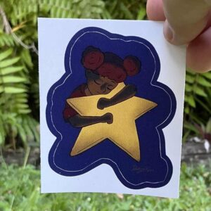 A sticker of a dark skined girl eyes closed hugging a yellow glowing star on a blue background.